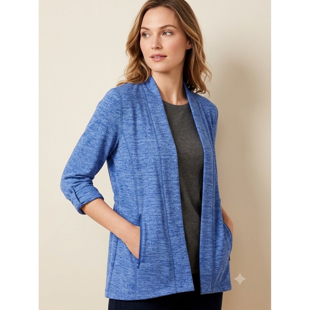 Talbots Cardigan Womens Small Petite Blue Space Dye Open Front Zip Pocket Casual